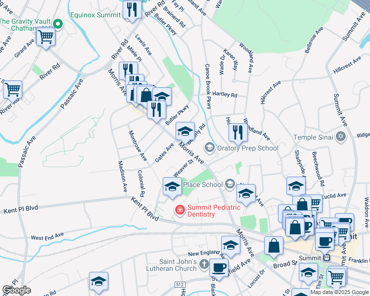 map of restaurants, bars, coffee shops, grocery stores, and more near 1 Beverly Road in Summit