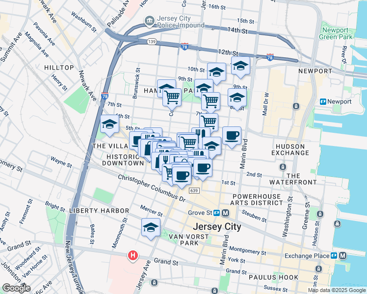 map of restaurants, bars, coffee shops, grocery stores, and more near 591 Jersey Avenue in Jersey City