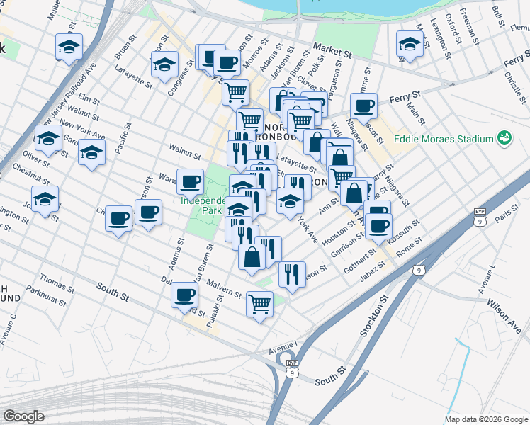 map of restaurants, bars, coffee shops, grocery stores, and more near 205 Warwick Street in Newark