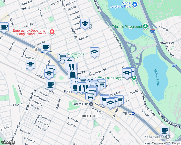 map of restaurants, bars, coffee shops, grocery stores, and more near 107-19 70th Avenue in Queens