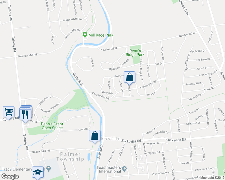 map of restaurants, bars, coffee shops, grocery stores, and more near 2512 Gila Drive in Easton