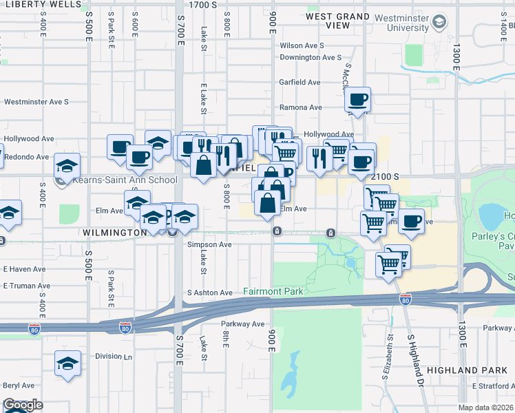 map of restaurants, bars, coffee shops, grocery stores, and more near 858 East Elm Avenue in Salt Lake City