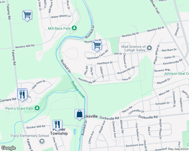 map of restaurants, bars, coffee shops, grocery stores, and more near 2512 Gila Drive in Easton