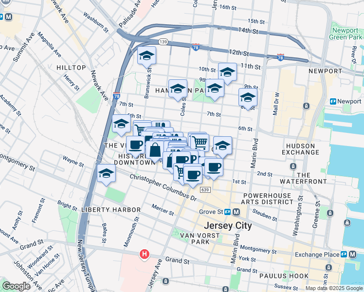 map of restaurants, bars, coffee shops, grocery stores, and more near 293 4th Street in Jersey City