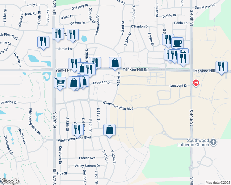 map of restaurants, bars, coffee shops, grocery stores, and more near 8801 South 33rd Street in Lincoln