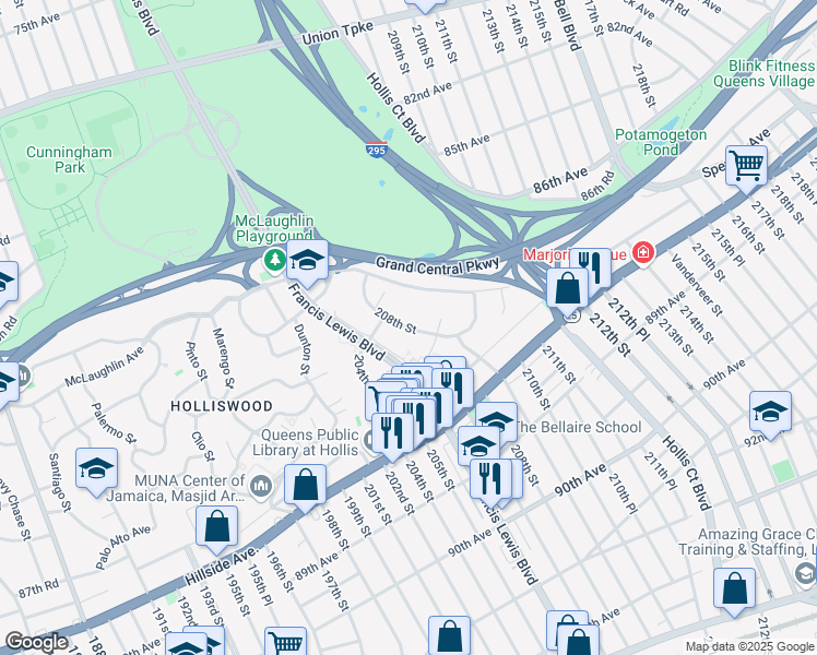 map of restaurants, bars, coffee shops, grocery stores, and more near 86-60 208th Street in Queens