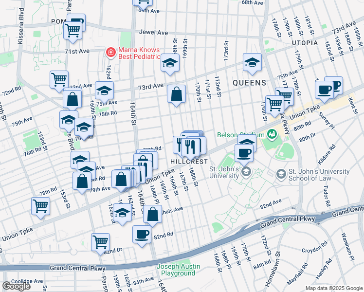 map of restaurants, bars, coffee shops, grocery stores, and more near 77-28 167th Street in Queens