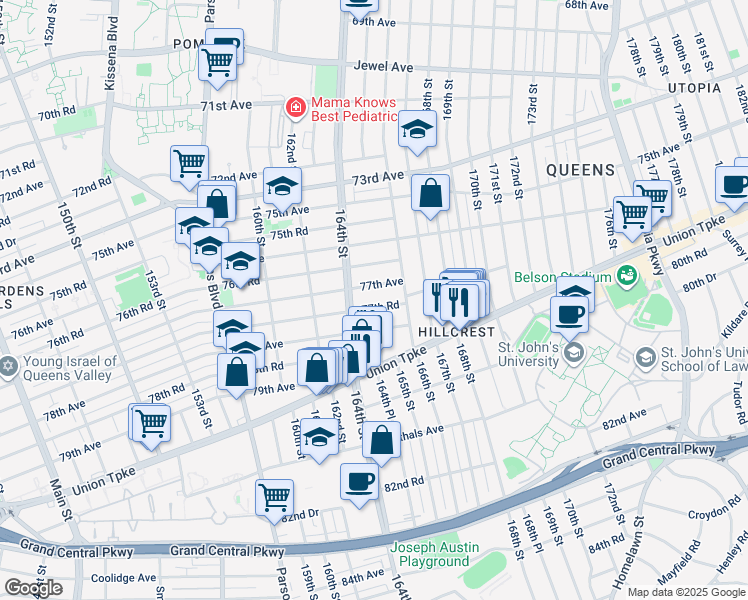 map of restaurants, bars, coffee shops, grocery stores, and more near 164-28 77th Road in Queens