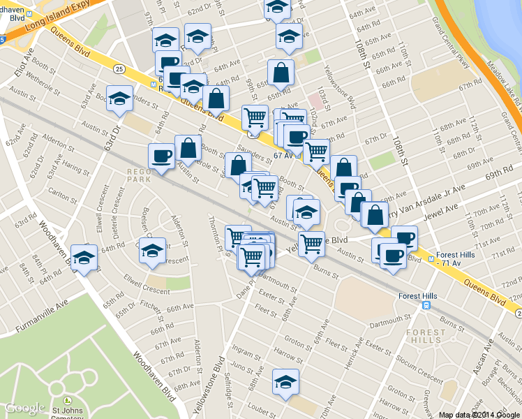 map of restaurants, bars, coffee shops, grocery stores, and more near 97-14 67th Avenue in Queens