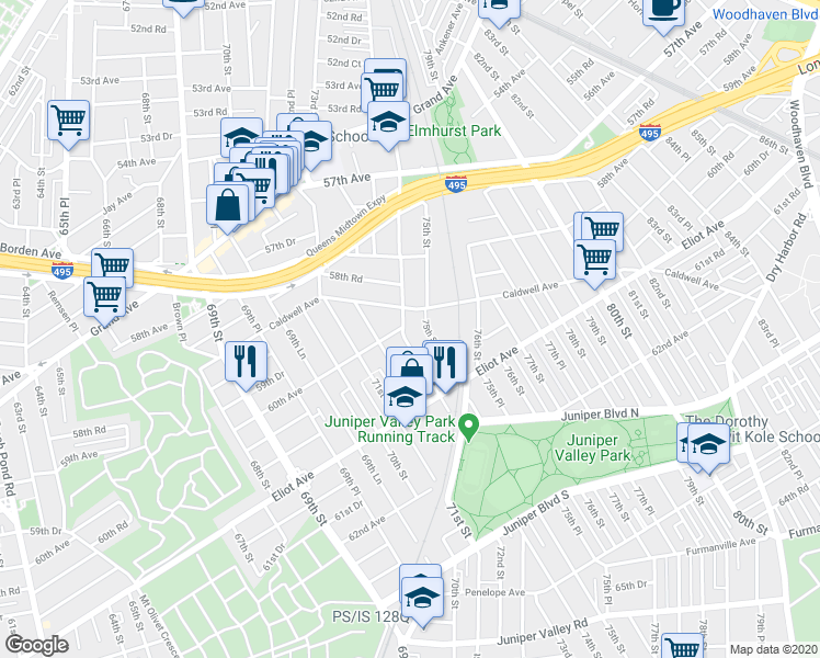map of restaurants, bars, coffee shops, grocery stores, and more near 60-18 74th Street in Queens