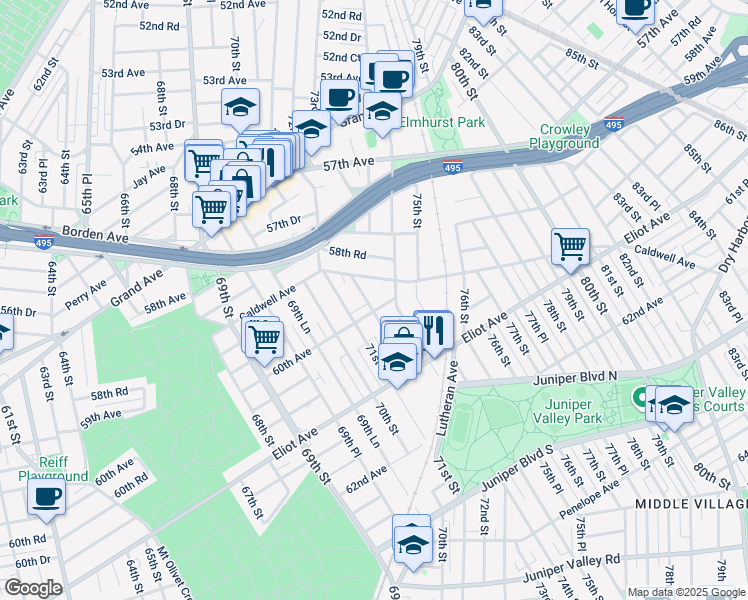 map of restaurants, bars, coffee shops, grocery stores, and more near 71-07 60th Avenue in Queens