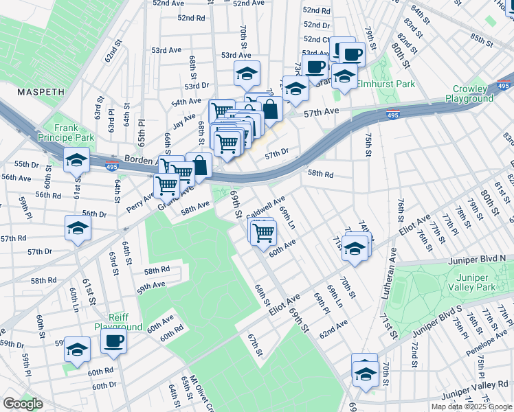 map of restaurants, bars, coffee shops, grocery stores, and more near 69-30 Caldwell Avenue in Queens