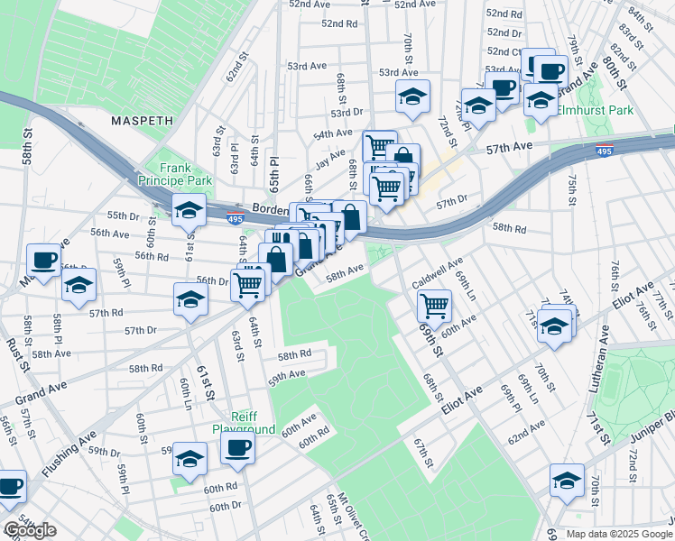 map of restaurants, bars, coffee shops, grocery stores, and more near 66-16 58th Avenue in Queens