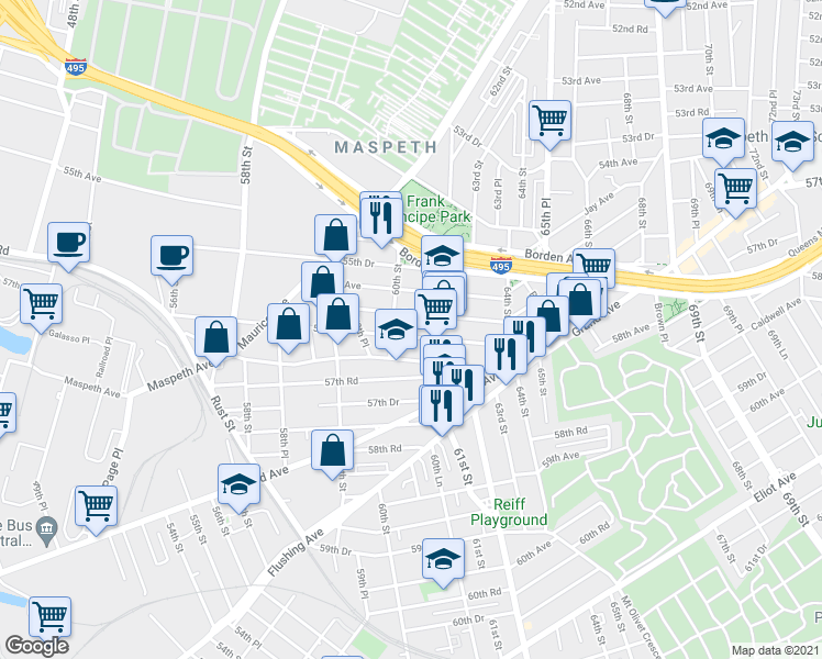 map of restaurants, bars, coffee shops, grocery stores, and more near in Queens