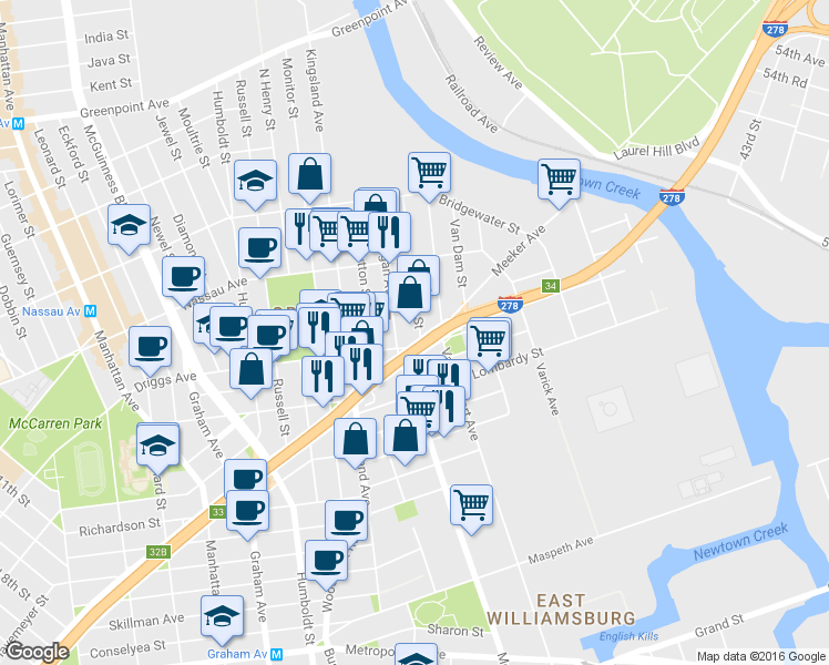 map of restaurants, bars, coffee shops, grocery stores, and more near 750 Meeker Avenue in Brooklyn