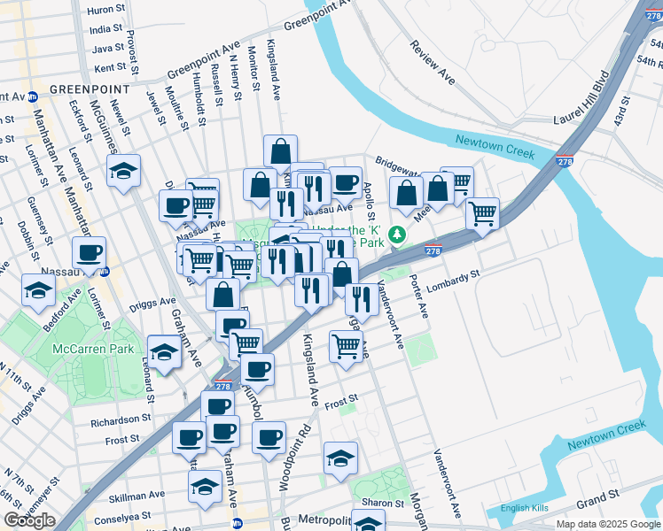map of restaurants, bars, coffee shops, grocery stores, and more near 23 Driggs Avenue in Brooklyn