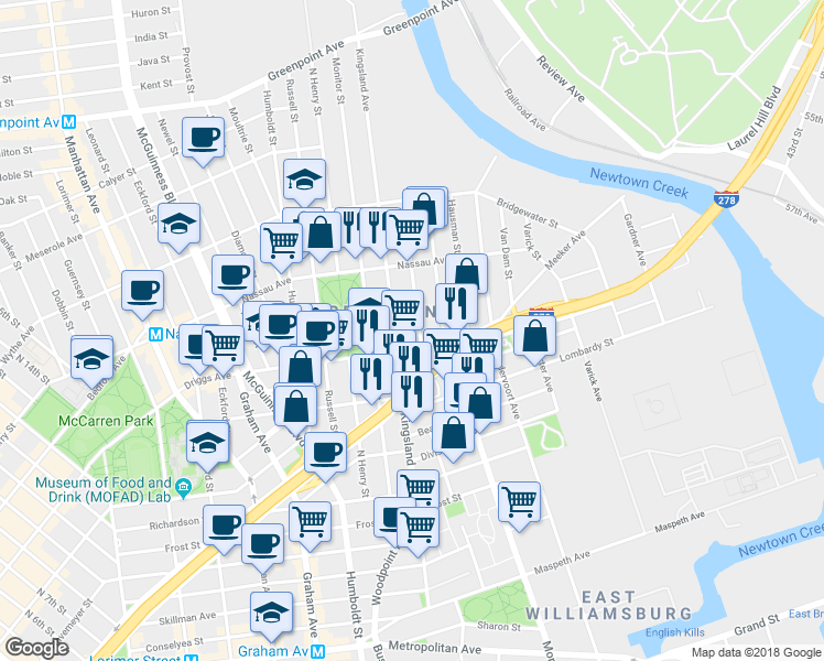 map of restaurants, bars, coffee shops, grocery stores, and more near 194 Kingsland Avenue in Brooklyn