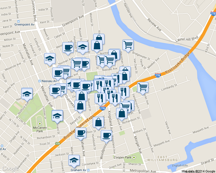 map of restaurants, bars, coffee shops, grocery stores, and more near in Brooklyn