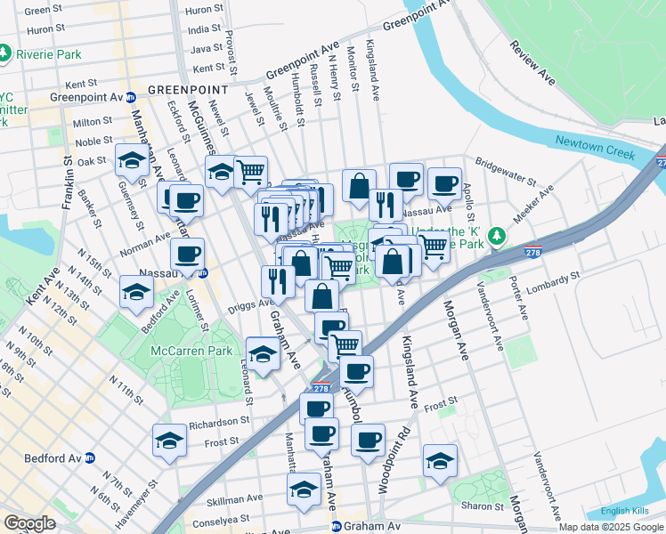 map of restaurants, bars, coffee shops, grocery stores, and more near 81 Russell Street in Brooklyn