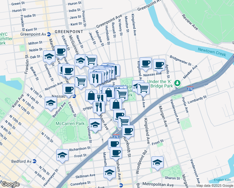 map of restaurants, bars, coffee shops, grocery stores, and more near 160 Driggs Avenue in Brooklyn