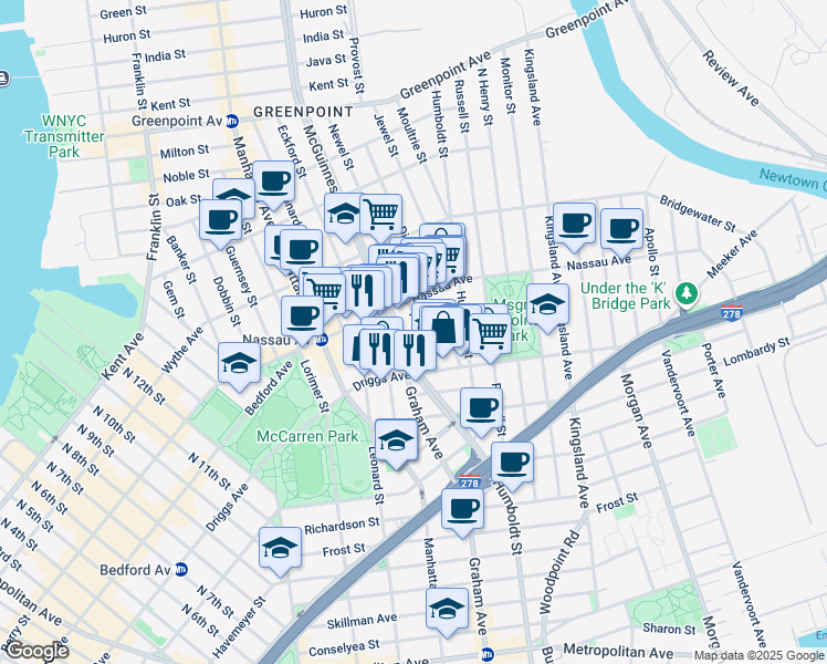 map of restaurants, bars, coffee shops, grocery stores, and more near 21 Newel Street in Brooklyn