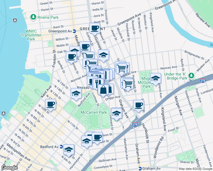map of restaurants, bars, coffee shops, grocery stores, and more near 541 Leonard Street in Brooklyn