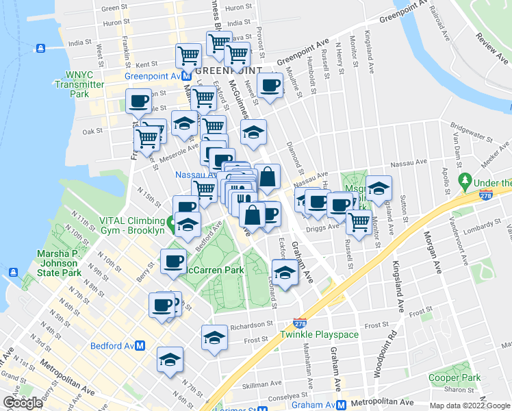 map of restaurants, bars, coffee shops, grocery stores, and more near 541 Leonard Street in Brooklyn
