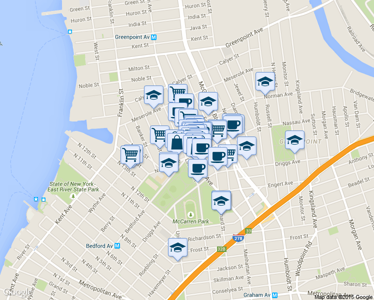 map of restaurants, bars, coffee shops, grocery stores, and more near 649 Manhattan Avenue in Brooklyn