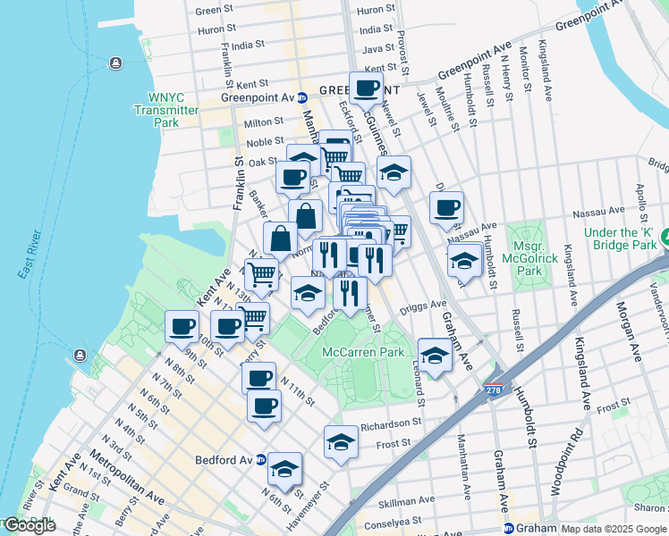 map of restaurants, bars, coffee shops, grocery stores, and more near 63 Guernsey Street in Brooklyn