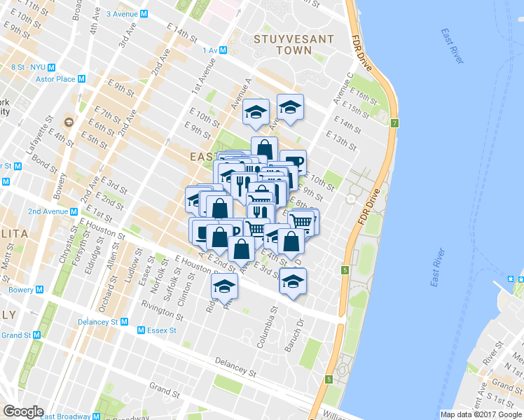 map of restaurants, bars, coffee shops, grocery stores, and more near 99-103 Loisaida Avenue in New York