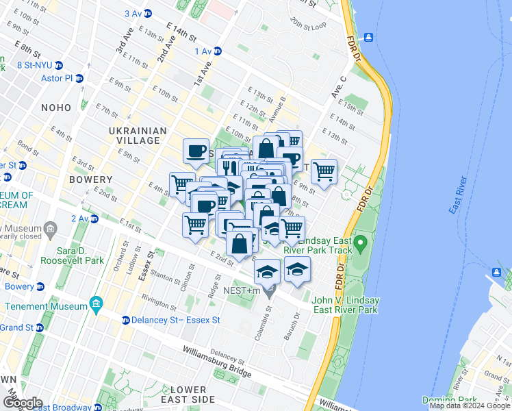 map of restaurants, bars, coffee shops, grocery stores, and more near 99-103 Loisaida Avenue in New York