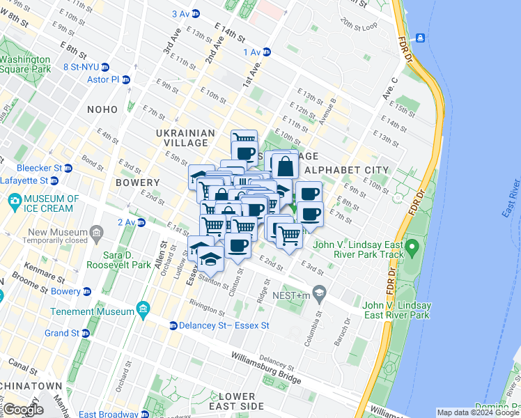 map of restaurants, bars, coffee shops, grocery stores, and more near 50-52 Avenue B in New York