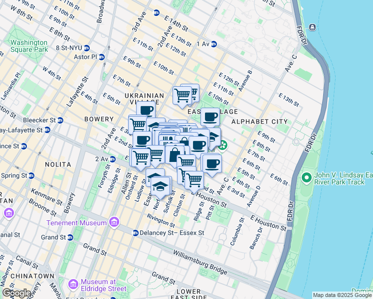 map of restaurants, bars, coffee shops, grocery stores, and more near 173 East 3rd Street in New York