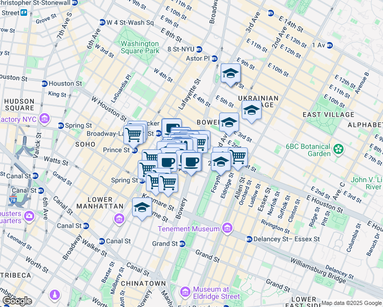 map of restaurants, bars, coffee shops, grocery stores, and more near 259 Elizabeth Street in New York