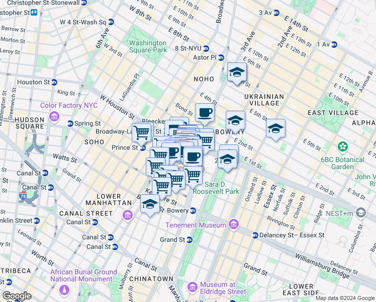 map of restaurants, bars, coffee shops, grocery stores, and more near 259 Elizabeth Street in New York