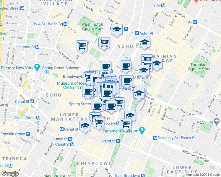 map of restaurants, bars, coffee shops, grocery stores, and more near in New York