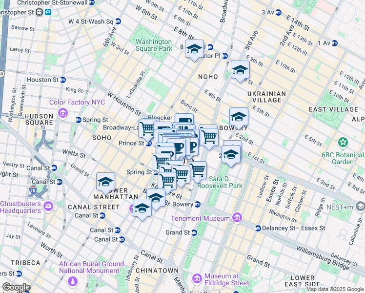 map of restaurants, bars, coffee shops, grocery stores, and more near 240 Mott Street in New York