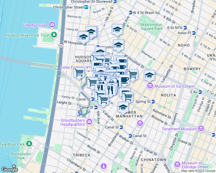 map of restaurants, bars, coffee shops, grocery stores, and more near 140 6th Avenue in New York