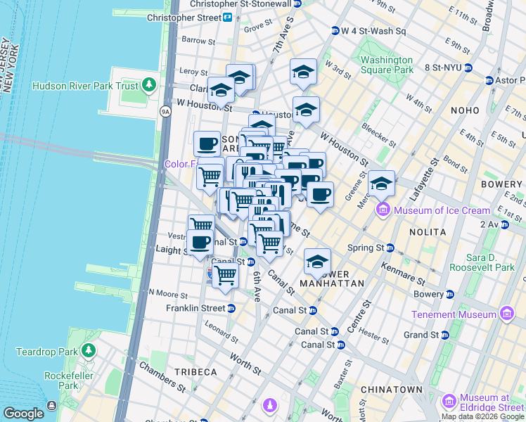 map of restaurants, bars, coffee shops, grocery stores, and more near in New York