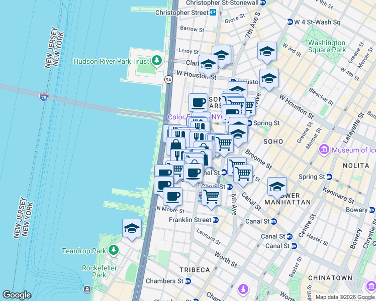map of restaurants, bars, coffee shops, grocery stores, and more near 480 Canal Street in New York