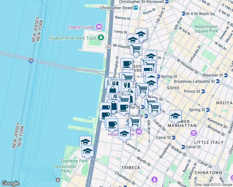 map of restaurants, bars, coffee shops, grocery stores, and more near 28 Desbrosses Street in New York