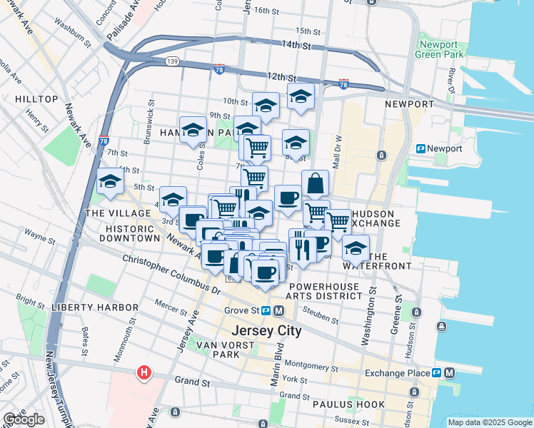 map of restaurants, bars, coffee shops, grocery stores, and more near 204 3rd Street in Jersey City