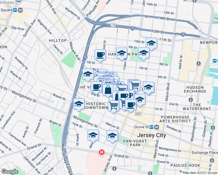 map of restaurants, bars, coffee shops, grocery stores, and more near 323 3rd Street in Jersey City