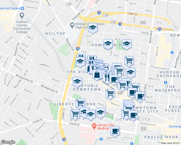 map of restaurants, bars, coffee shops, grocery stores, and more near 394 2nd Street in Jersey City