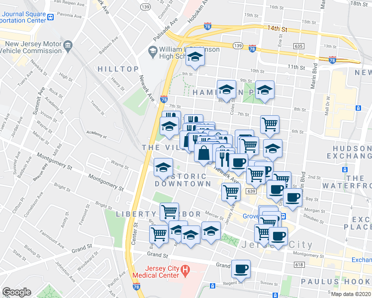 map of restaurants, bars, coffee shops, grocery stores, and more near 394 2nd Street in Jersey City