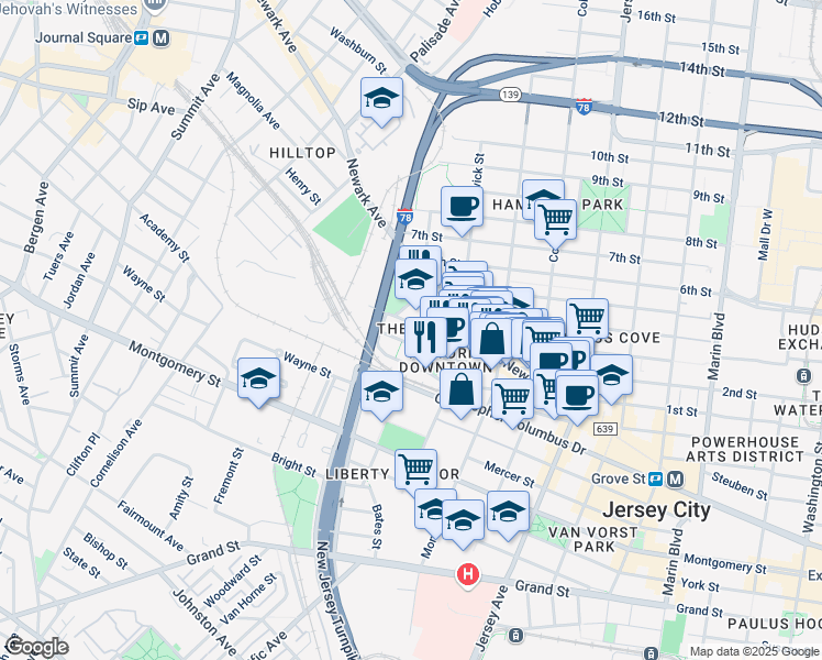 map of restaurants, bars, coffee shops, grocery stores, and more near in Jersey City