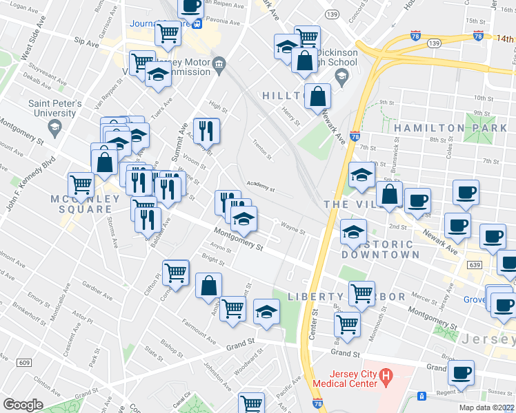 map of restaurants, bars, coffee shops, grocery stores, and more near 375 Mercer Loop in Jersey City