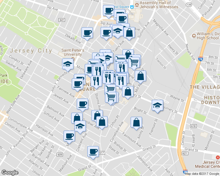 map of restaurants, bars, coffee shops, grocery stores, and more near 246 Summit Avenue in Jersey City