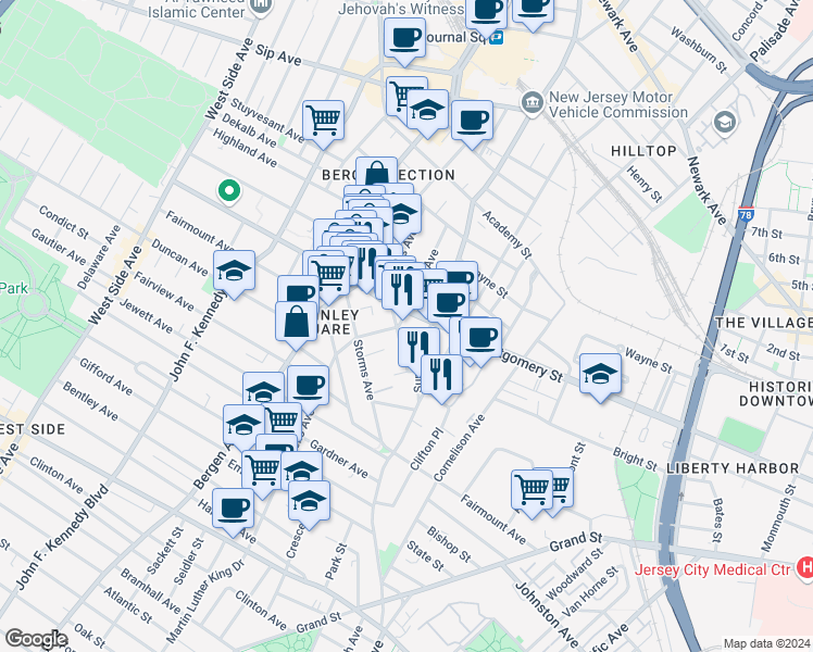 map of restaurants, bars, coffee shops, grocery stores, and more near 246 Summit Avenue in Jersey City