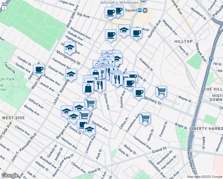 map of restaurants, bars, coffee shops, grocery stores, and more near 29 Orchard Street in Jersey City